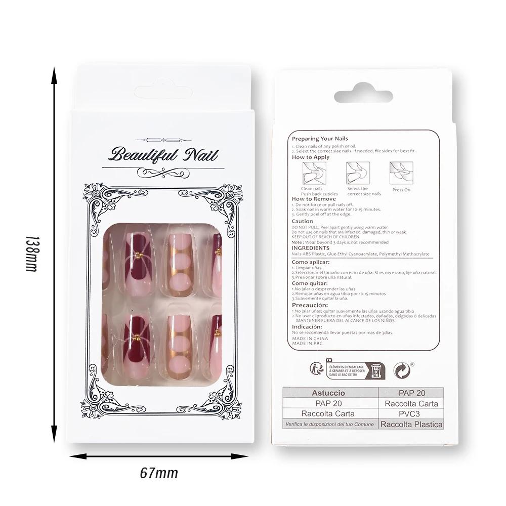 Faux ongles français en forme de cercueil, fleur rétro, longs, Caviar, perle florale, or, Design cre