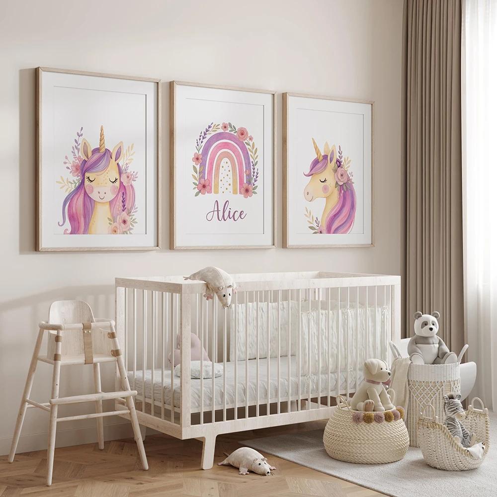 Affiche imprimée licorne violette avec nom personnalisé, décor mural pour chambre de fille, décor im