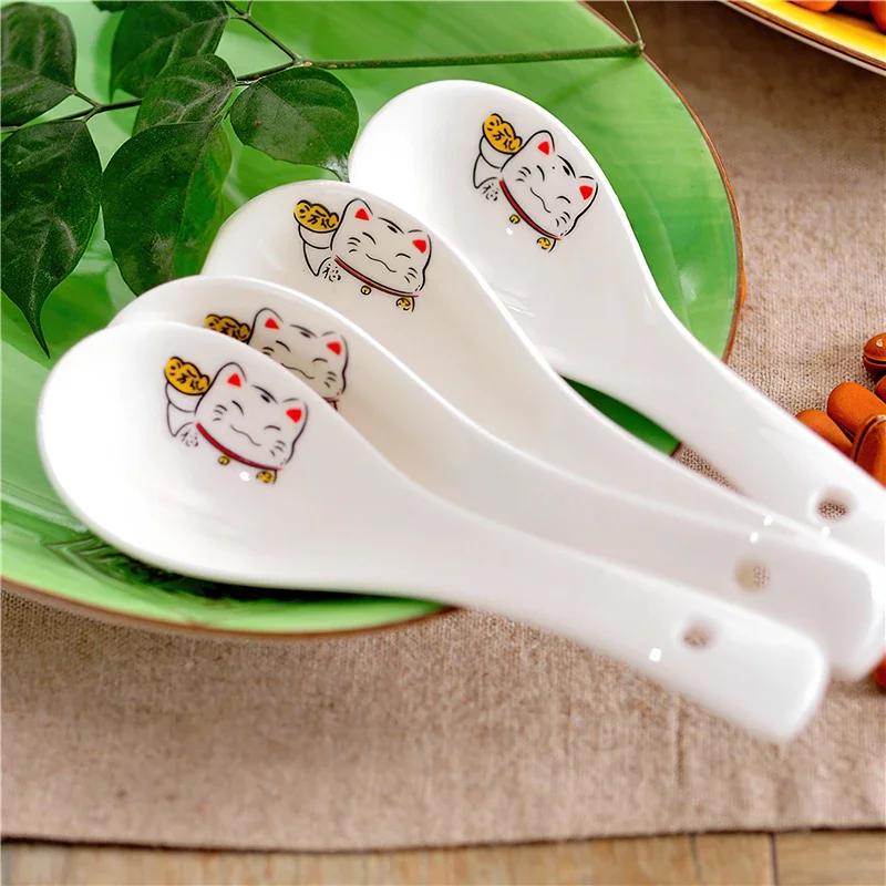 Cuillère à soupe en céramique 14cm, vaisselle japonaise blanche en os de chat porte-bonheur en porce