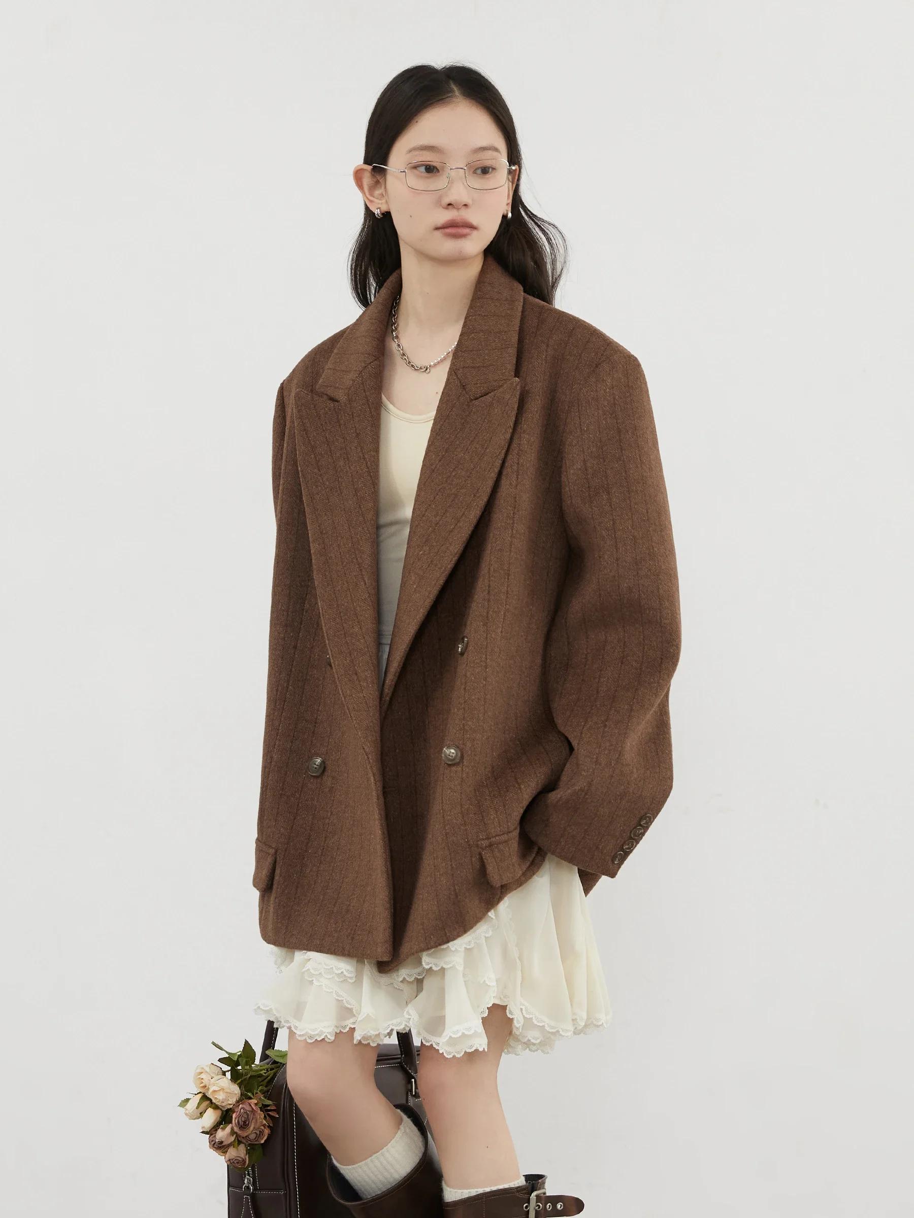 CHIC VEN-Blazer en laine vintage pour femme, veste à col en V, double boutonnage imbibé, manteau de