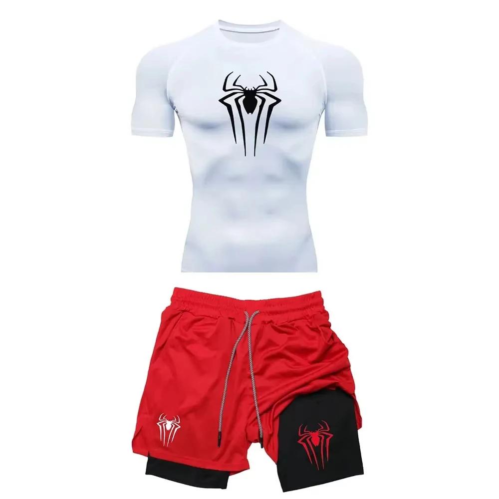Ensemble de Compression d'entraînement pour hommes, t-shirt de gymnastique imprimé araignée Y2K, sho