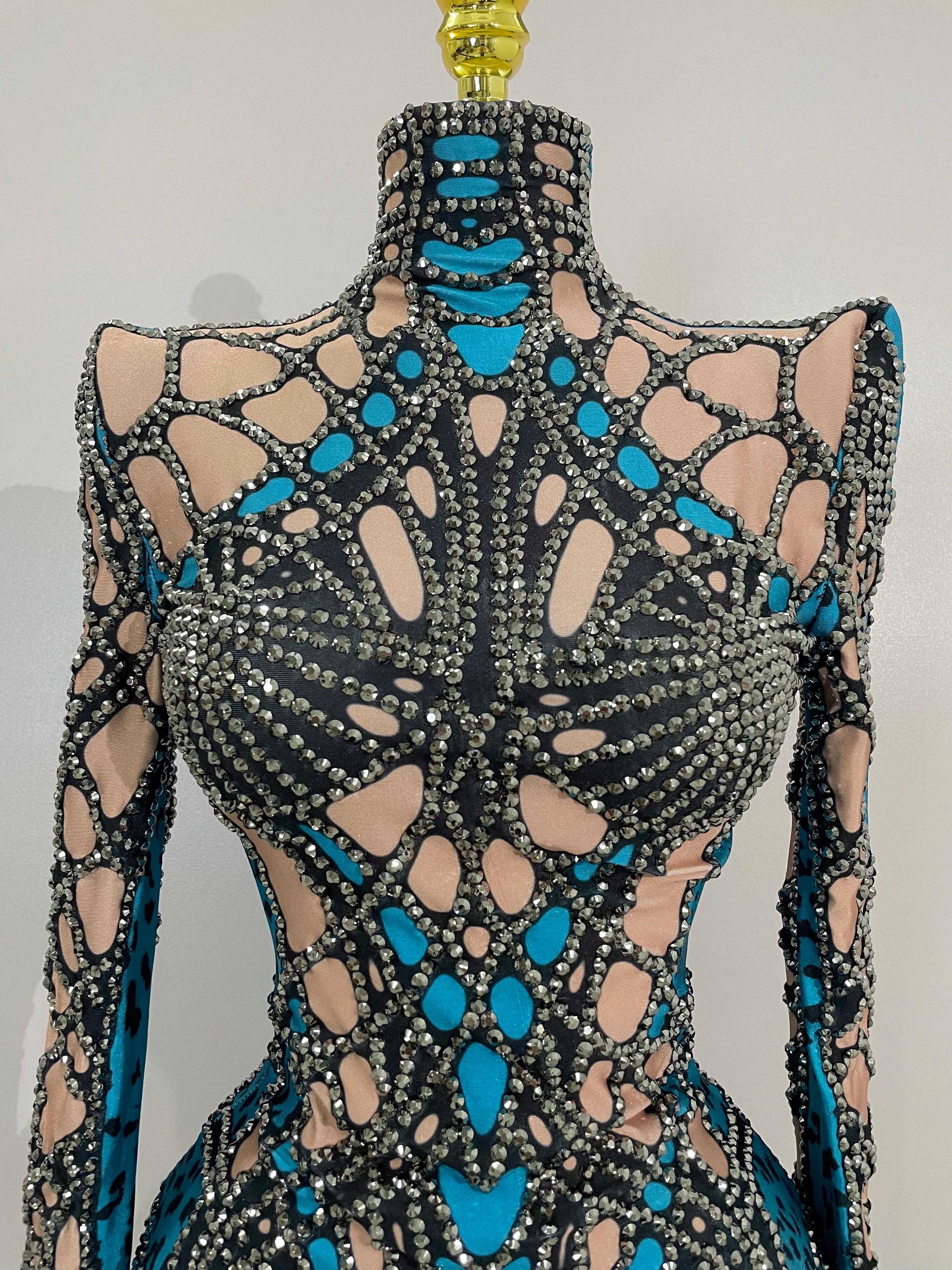 Body extensible à manches longues avec strass scintillants pour femmes, Costume de soirée de luxe po