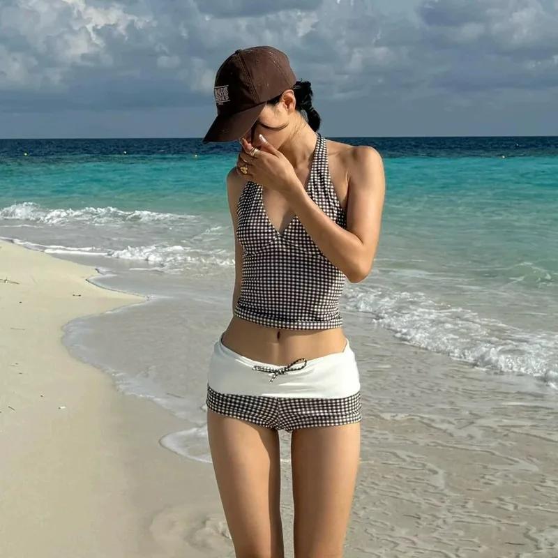 Maillot de bain deux pièces, Sexy, décolleté en V profond, Push Up, taille haute, à carreaux, contrô