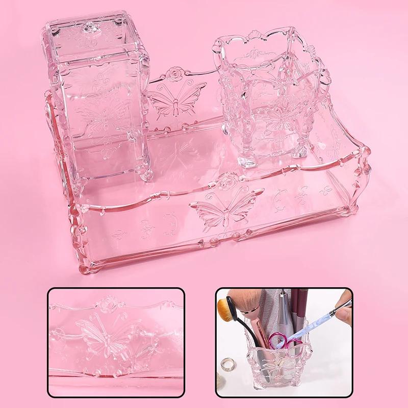 Boîte de rangement pour tampons de coton, motif papillon rose transparent, conteneur de serviettes, 