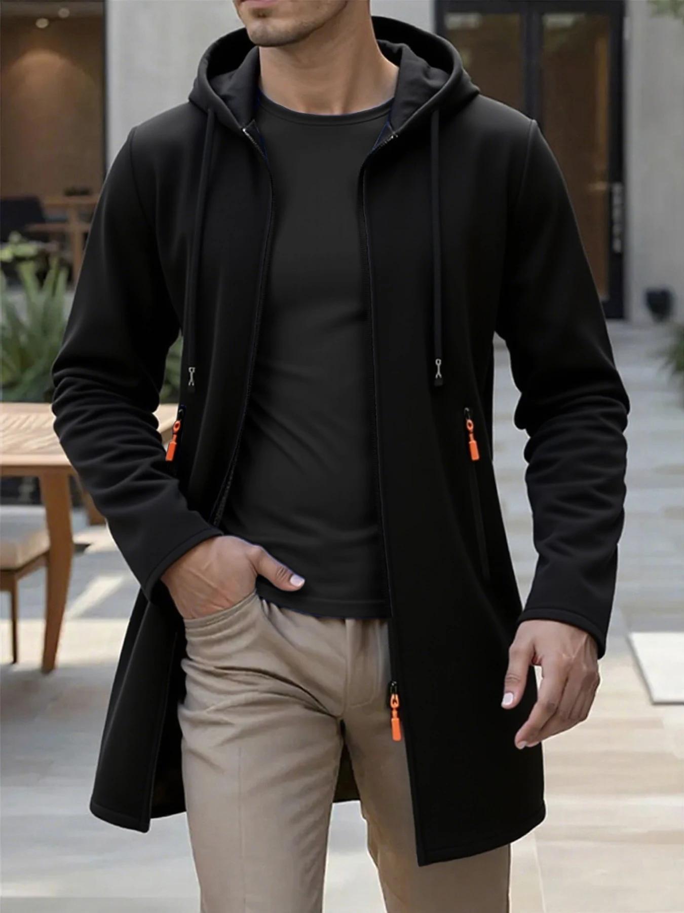 Printemps automne hommes vestes longues à capuche solide tricot Cardigan vêtements d'extérieur décon