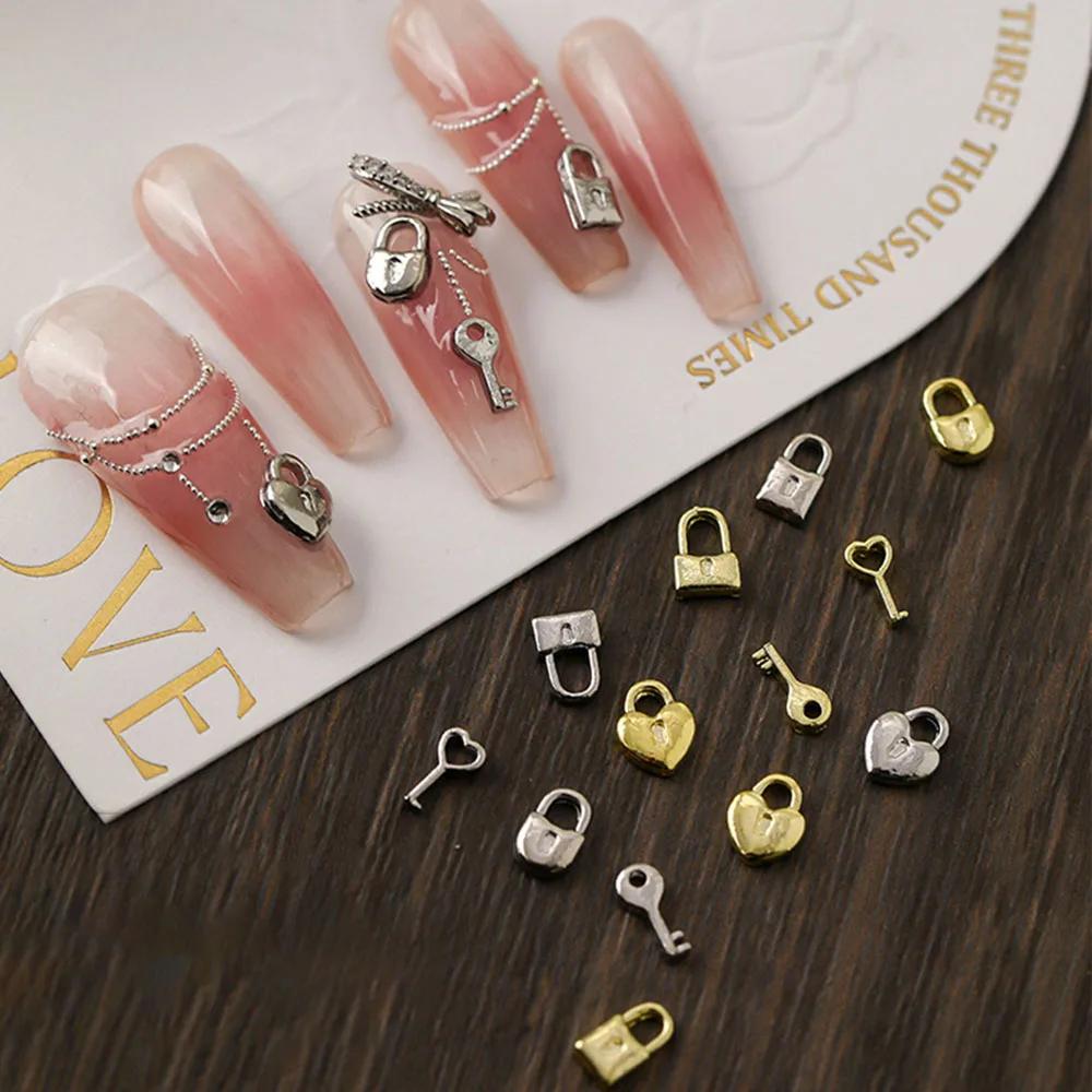 Mélange de Clé de Verrouillage pour Décoration d'Ongles, Breloque Or et Argent 3D, Cœur Doux Exquis 