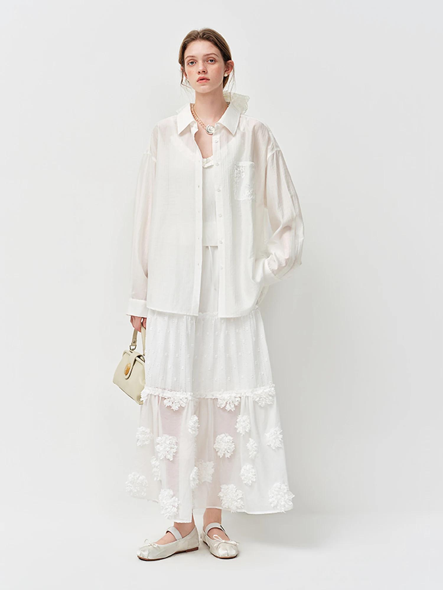 Jupe midi superposée FSLE 2026 pour femme, jupe trapèze blanche brodée de fleurs 3D pour un style ré