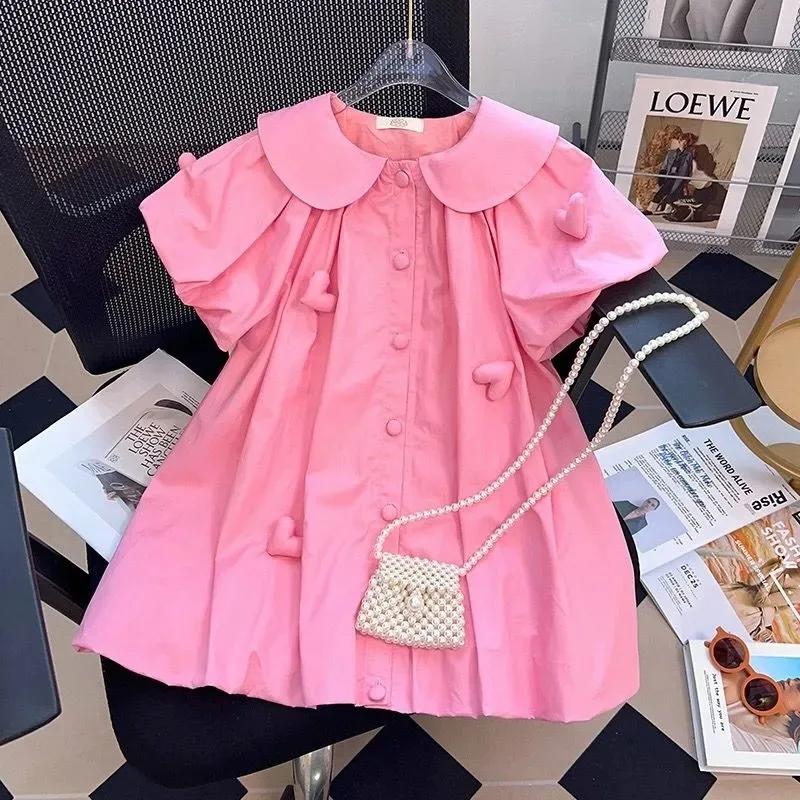 Robe d'été mignonne pour filles de 2 à 10 ans, décoration de bijoux en forme de cœur, col rabattable