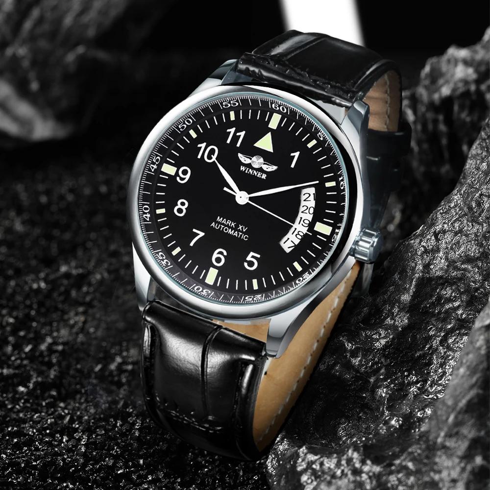 Montre automatique WINNER pour homme, fenêtre de calendrier, cadran noir tendance, bracelet en cuir 