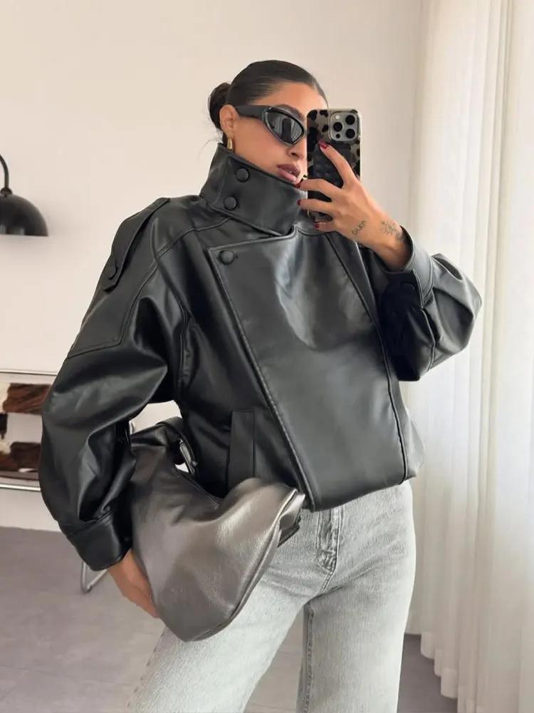 HH 2026 Manteaux en cuir PU noirs tendance pour femme, col montant, manches longues, veste zippée, s