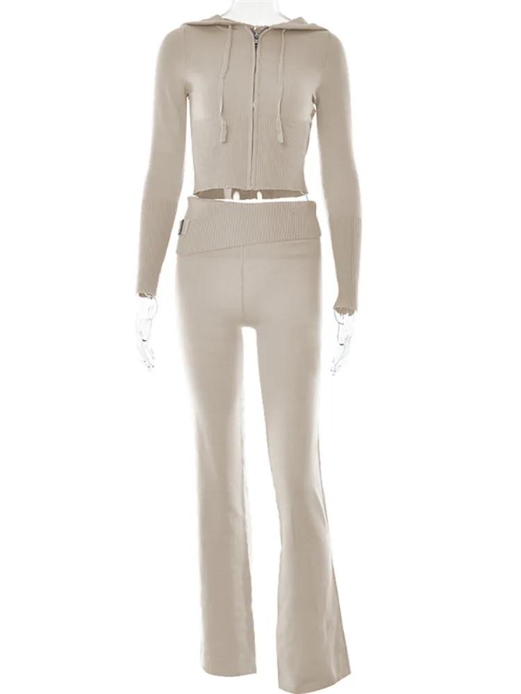 Survêtement en tricot à manches longues pour femmes, sweat à capuche zippé, pantalon taille haute à 
