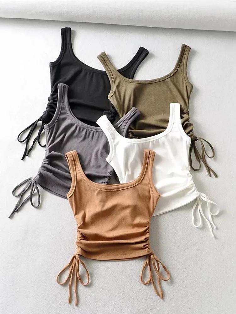 Nouveauté filles décontracté couleur unie deux côtés cordon gilet plis froncé Sexy débardeur et Cami