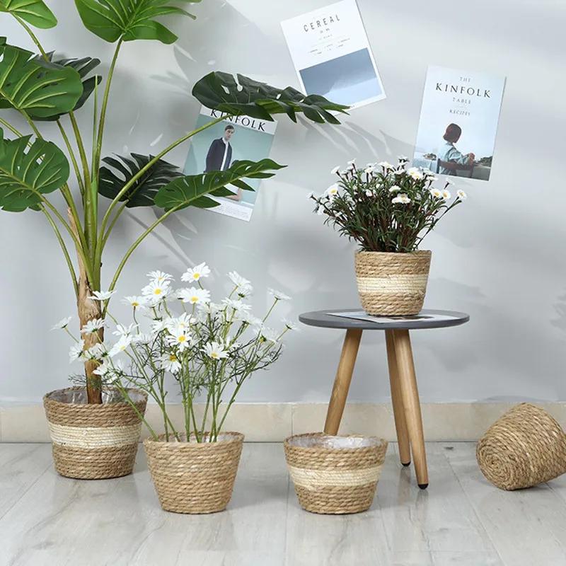 Pot de plantes à fleurs tissées en paille, panier de jardinière d'herbe, couverture de Pot de fleurs