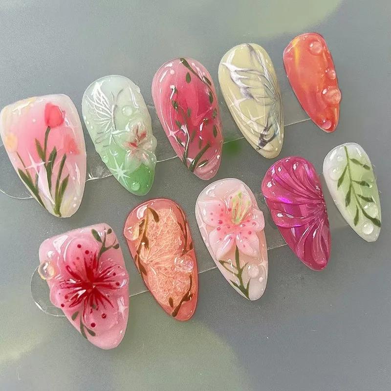 24 faux ongles à presser de longueur moyenne, forme amande, motif floral 3D ondulé, couverture compl