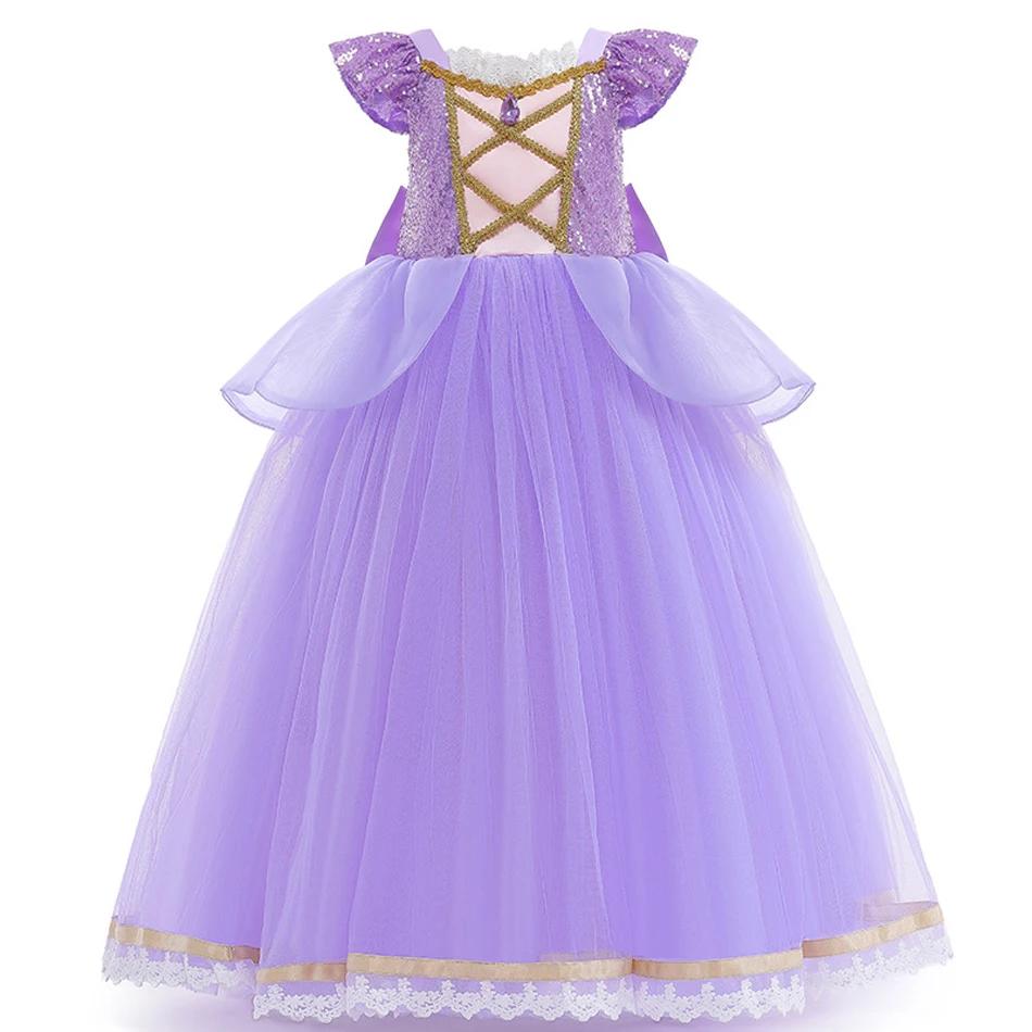 Robe de princesse Rapunzel d'été pour fille, costume Enfant Tangled, vêtements de luxe en maille vio