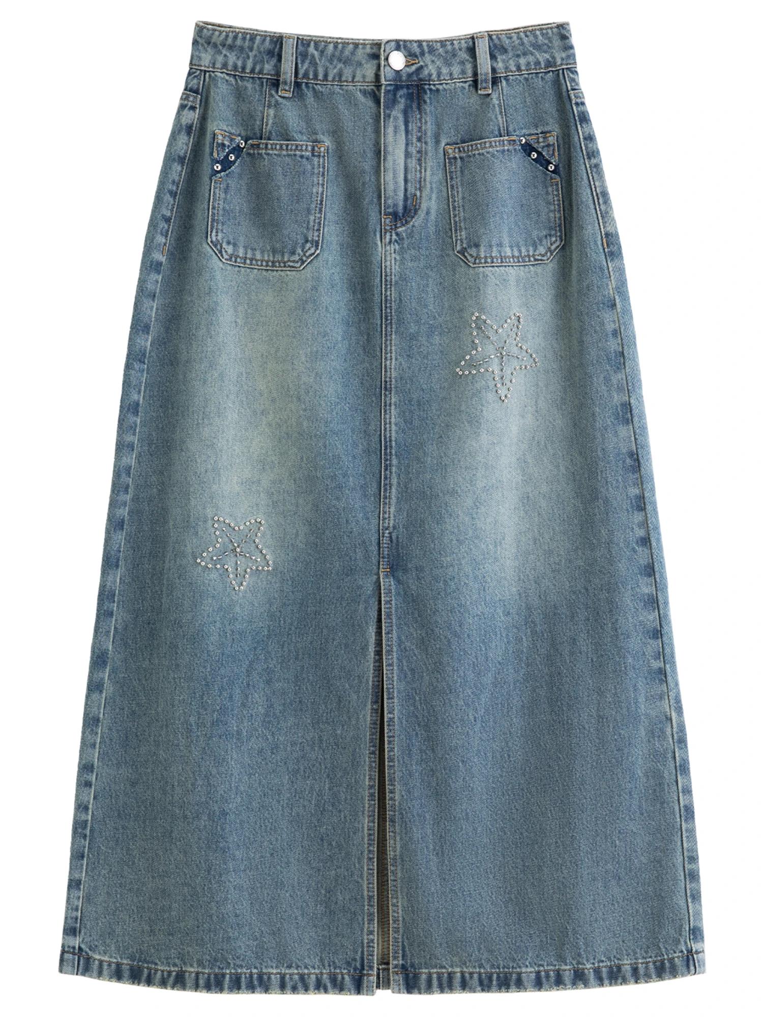 DUSHU 2026 Nouvelle Jupe Midi en Jean Brodé Étoile de Mer pour Femme, Jupe Longue Vintage Coupe Trap