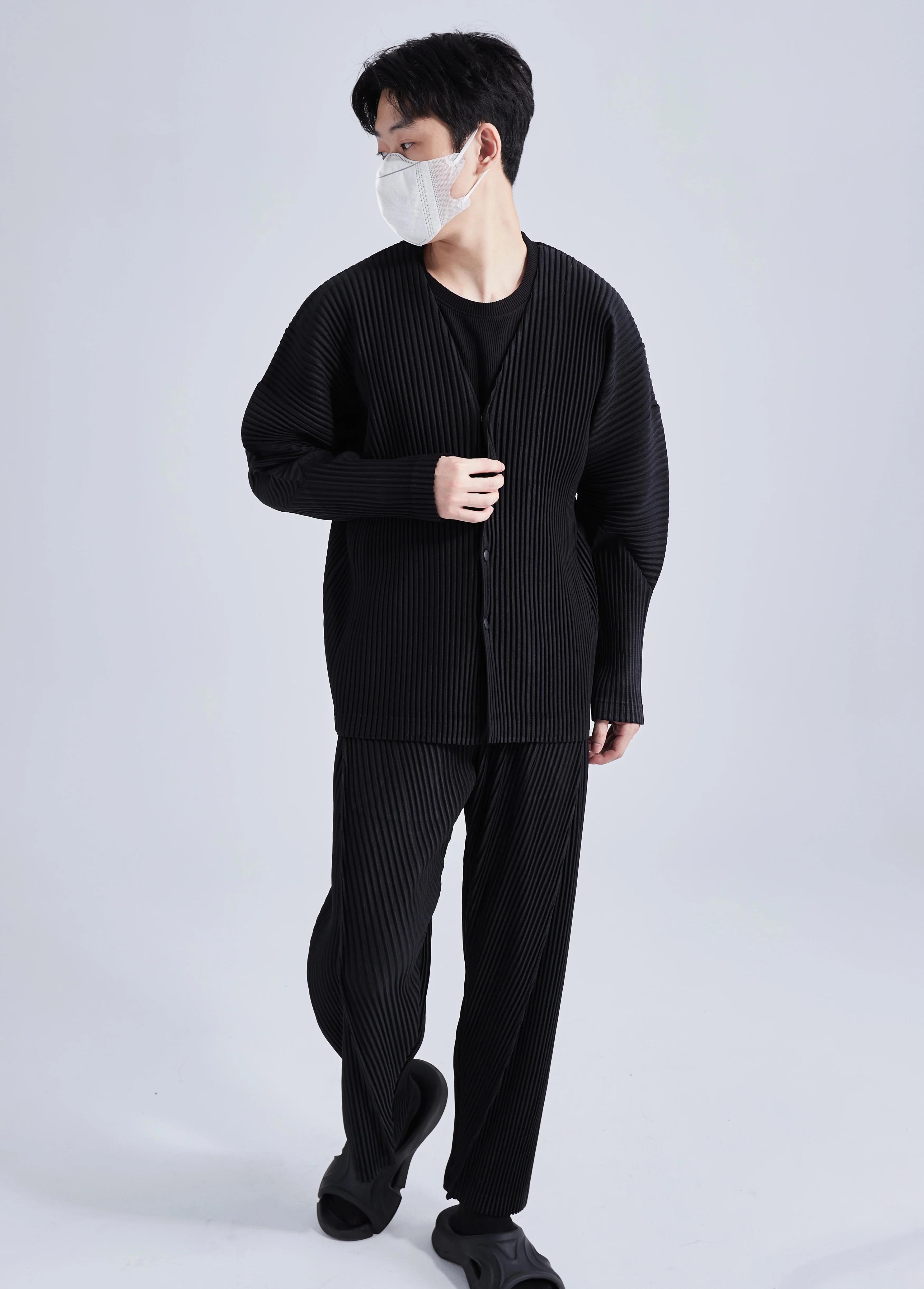 Ata Yake-Veste plissée à col en V pour homme, manteau sans col, simple boutonnage, manches longues, 