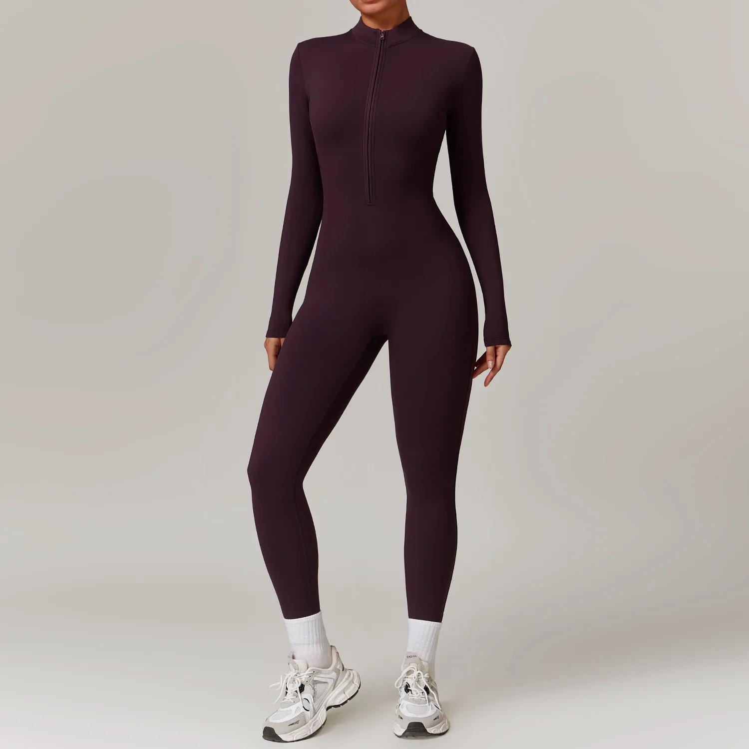 Vêtements de sport une pièce à manches longues pour femmes, barboteuse de Yoga à fermeture éclair, c