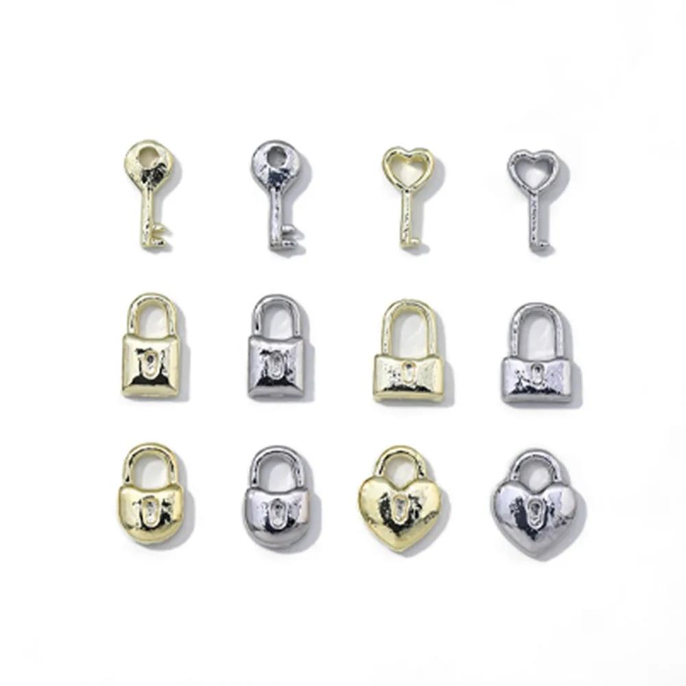 Mélange de Clé de Verrouillage pour Décoration d'Ongles, Breloque Or et Argent 3D, Cœur Doux Exquis 