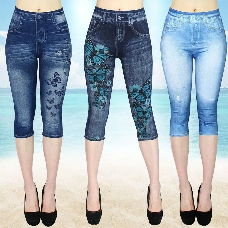 Femmes imprimer Imitation Denim Leggings maigre extensible pantacourt en plein air Jogging marche mo