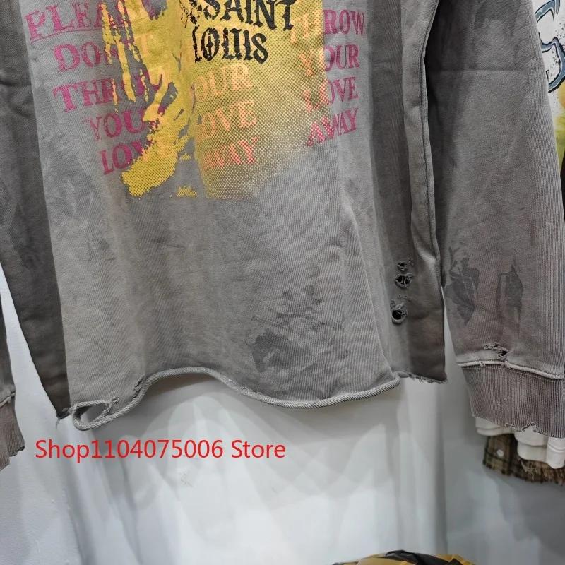 Saint col rond sweat Vintage imprimé trous en détresse lavé délavé unisexe surdimensionné vêtements 