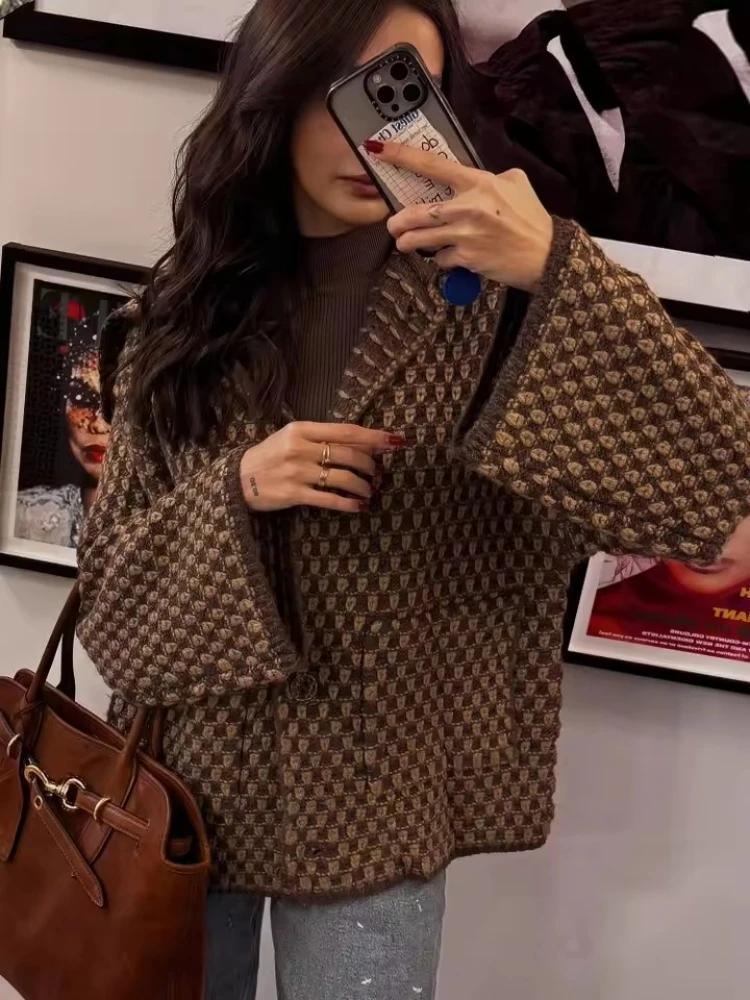 Cardigans tricotés à manches longues pour femmes, marron, élégant, revers, simple boutonnage, pull a