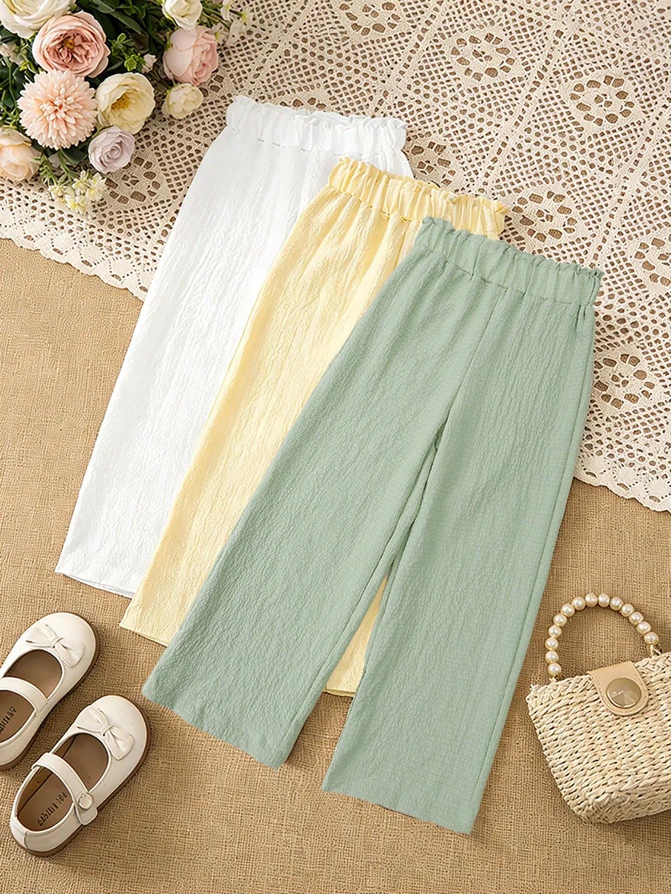 Pantalons à jambes larges de couleur unie pour filles, 3 pièces, pantalons doux et confortables pour