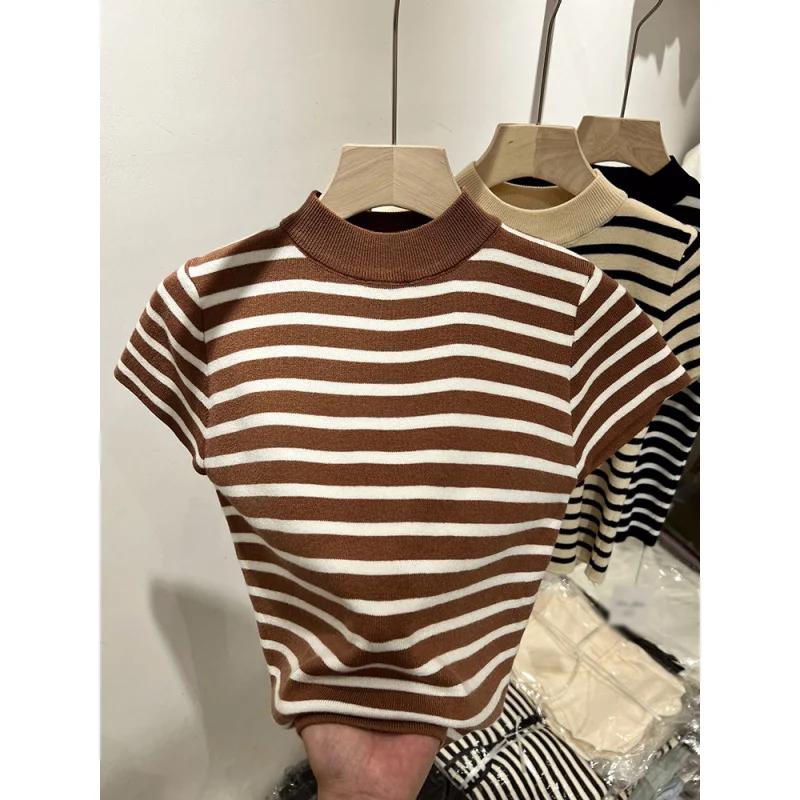 Pull à demi-col roulé rayé pour femme, haut ajusté, chemise à manches courtes, début du printemps et