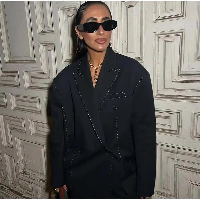 Blazer rayé pour femme, décontracté, ample, à revers, double boutonnage, manches longues, veste de b