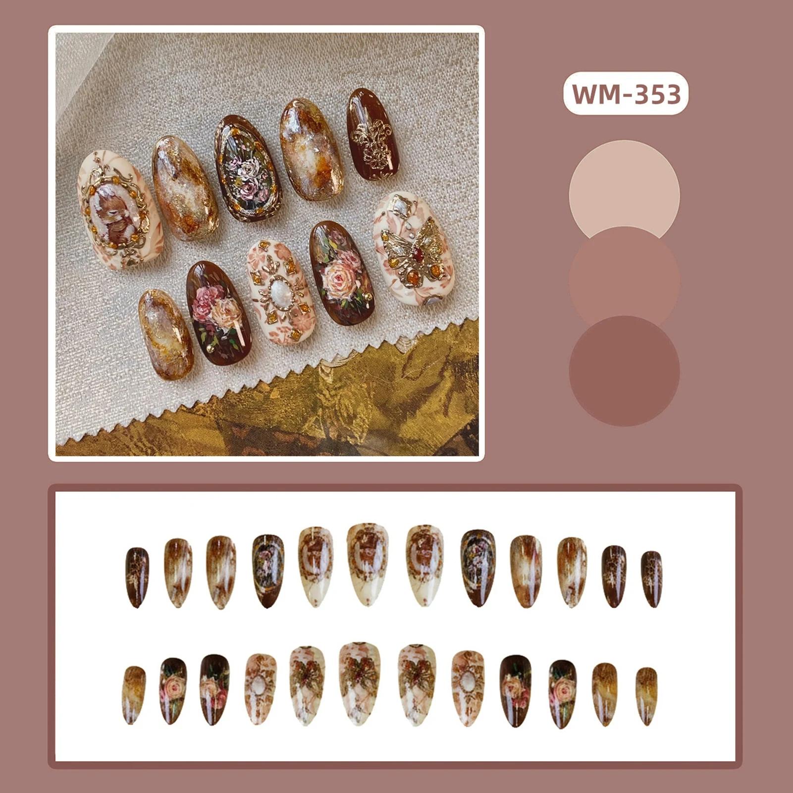 24 pièces ambre Rose faux ongles presse sur ongles avec peinture à l'huile motifs de fleurs longue a