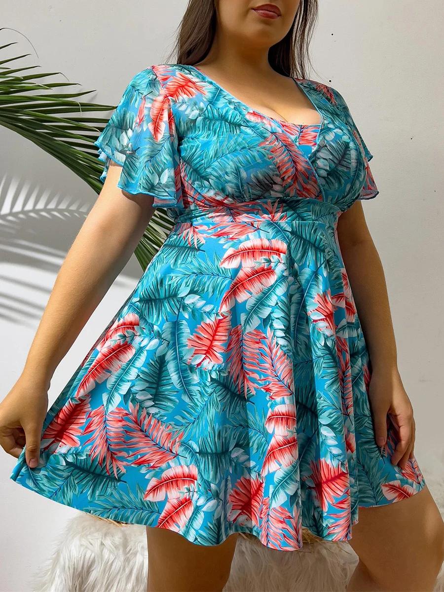 Robe de plage grande taille 2026, maillot de bain imprimé à col en V pour femme, tenue de bain fémin