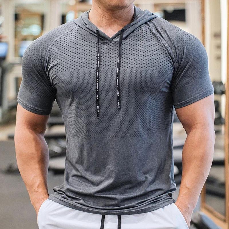 Sweat à capuche pour hommes, course à pied, musculation, Sport, manches courtes, vêtements de Fitnes