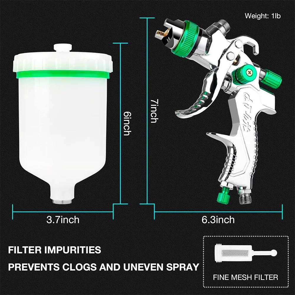Pistolet pulvérisateur professionnel HVLP 1,4/1,7/2,0/2,5 mm 600 ml avec régulateur de pression, out