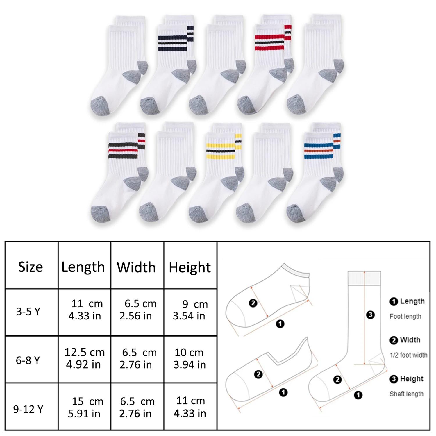 10 paires de chaussettes mi-mollet de sport pour enfants, design classique rayé et coloré, adaptées 