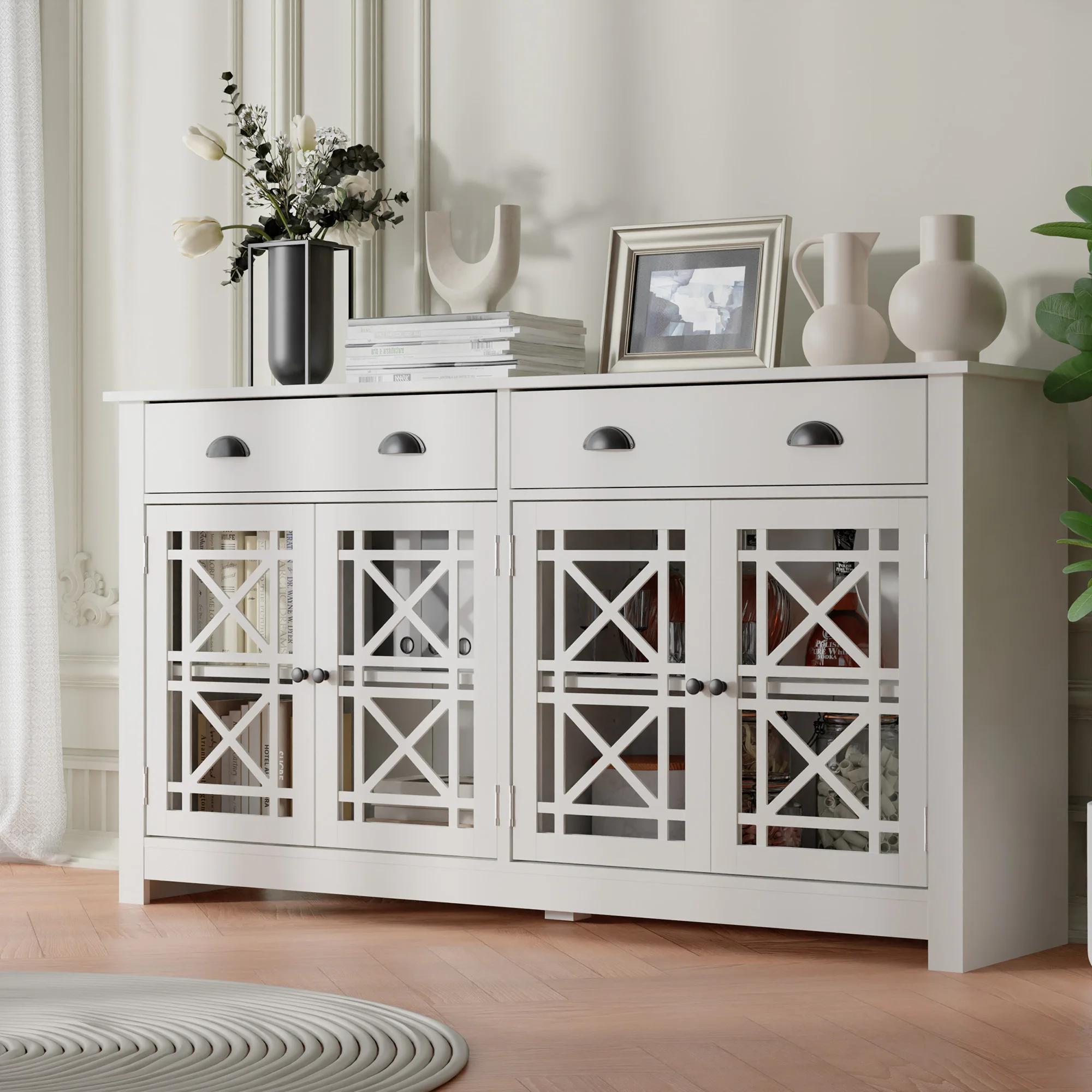 Buffet en bois avec 4 portes en verre acrylique, armoire de bar autoportante, armoire de planche mod