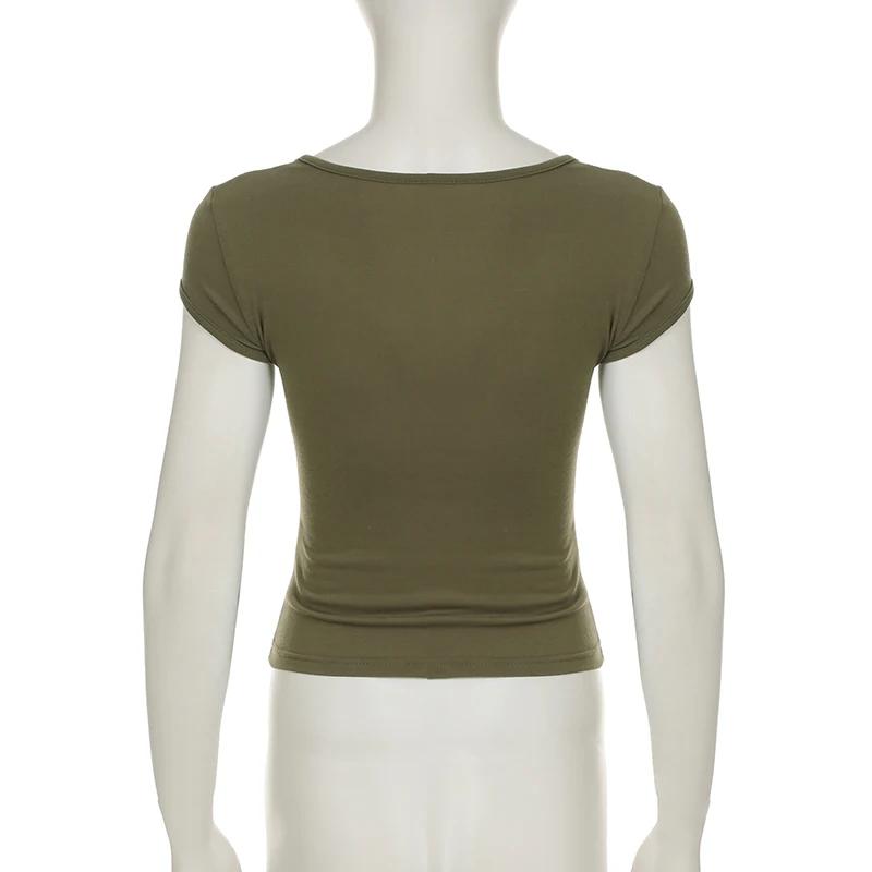 SUCHCUTE rétro Geen broderie florale col en V manches hauts Y2k femmes mince T-shirt Chic Streetwear