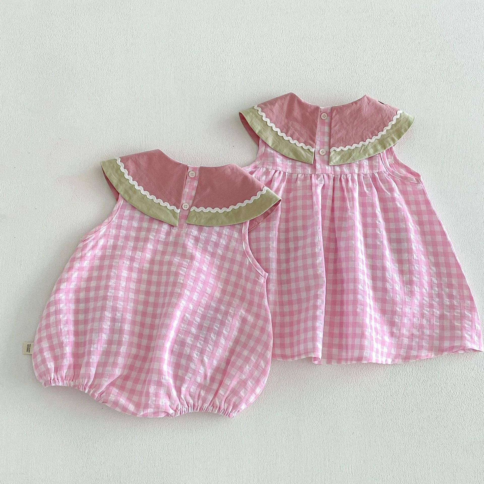 Nouvelle Robe d'été 2026 pour Enfants, Style Doux, Rose à Carreaux Pastèque, Sans Manches, Légère, V
