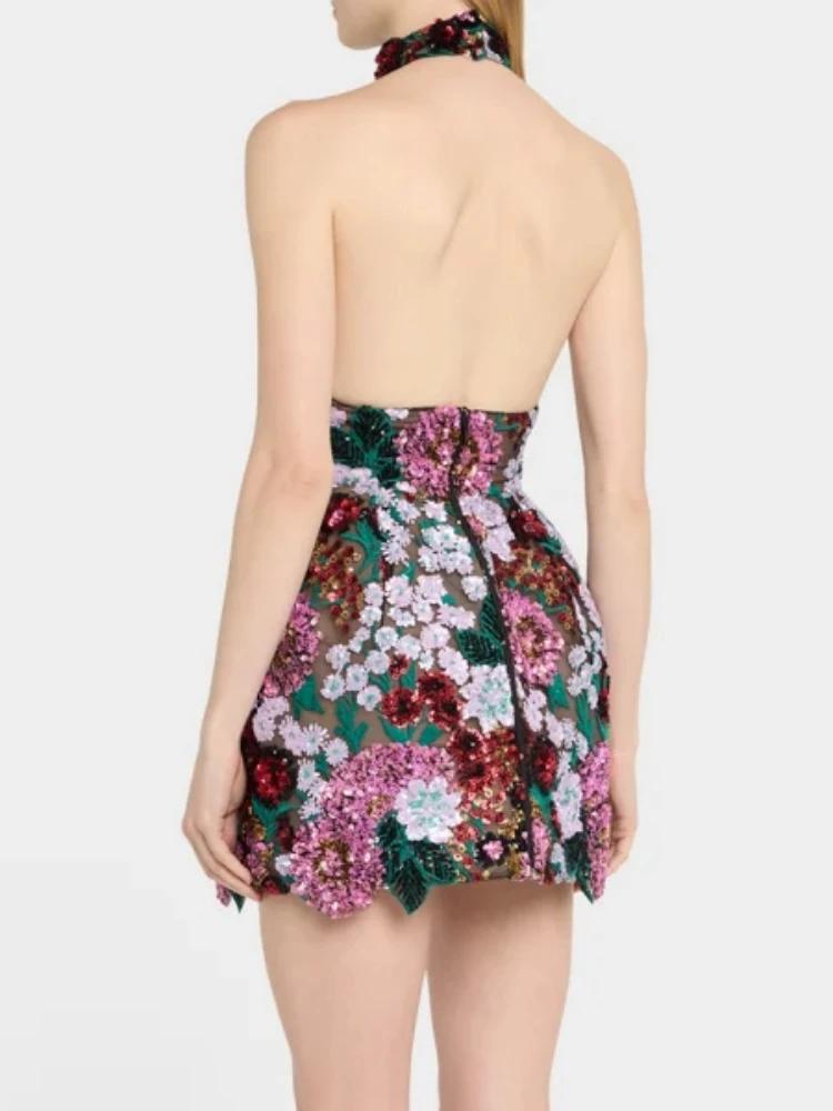 Mini robe Sexy à paillettes et fleurs brodées pour femmes, col licou, sans manches, dos nu, paillett