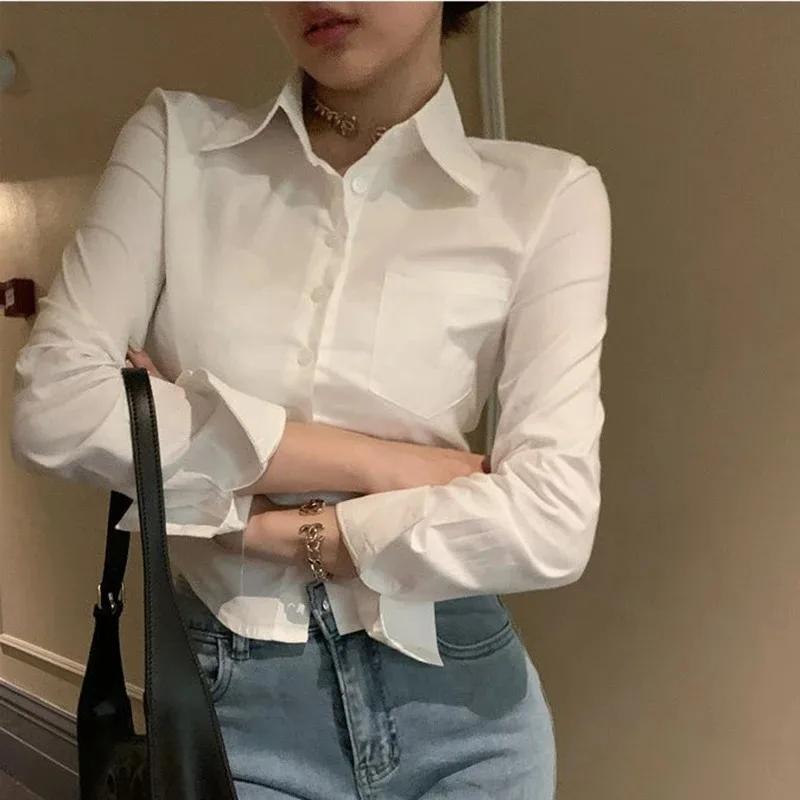 Coréen blanc bureau femmes chemise en mousseline de soie poche bouton revers dames Blouse printemps 