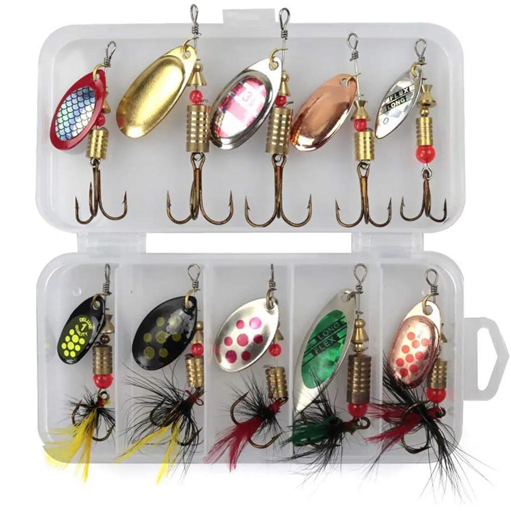 10 pièces en boîte cuillère rotative Kit leurre leurres de pêche appâts artificiels hameçons en méta