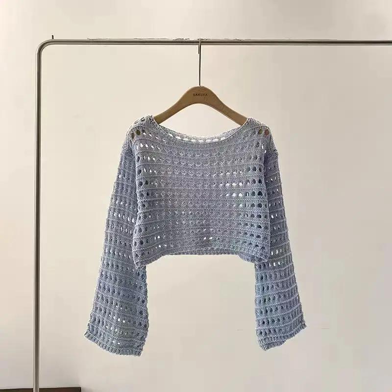 Haut en tricot au Crochet à manches longues pour femmes, Cover-Up pour Bikini de plage, pull court e