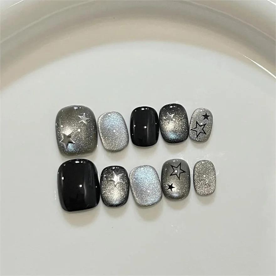 10 pièces noir mignon chat à la main presse sur ongles cristal oeil de chat faux ongles paillettes b