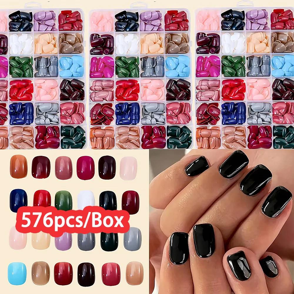 576 pièces/boîte faux ongles colorés noir rouge Design faux ongles ovale court carré presse sur faux