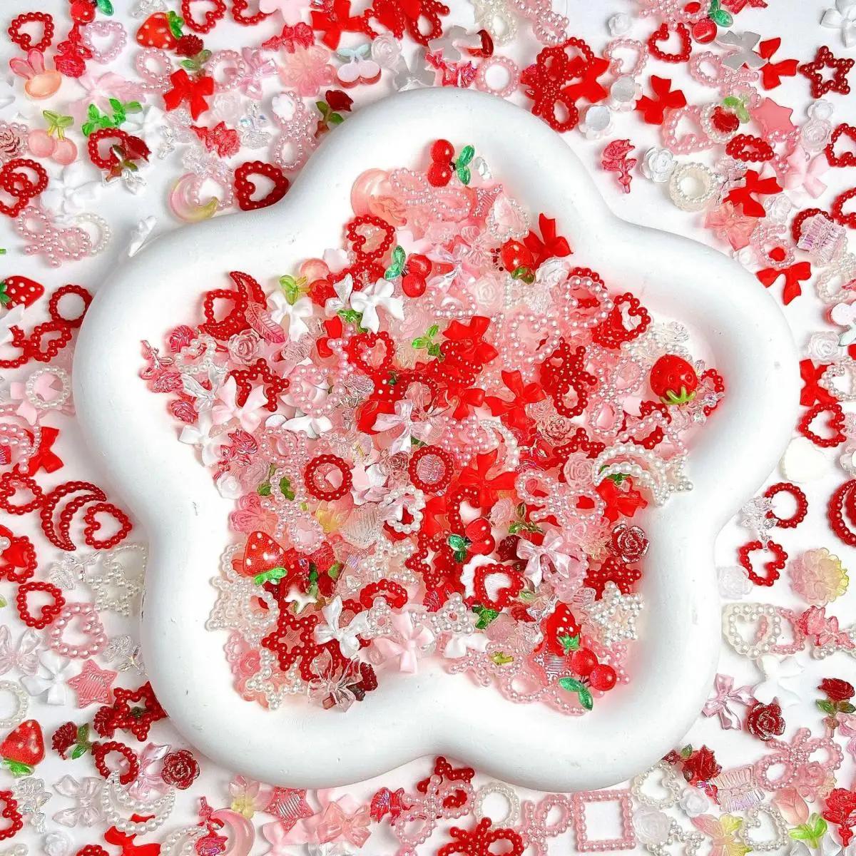 Breloques pour ongles, mélange aléatoire, série rouge et blanc, résine 3D, ajouré, cœur, nœud, frais