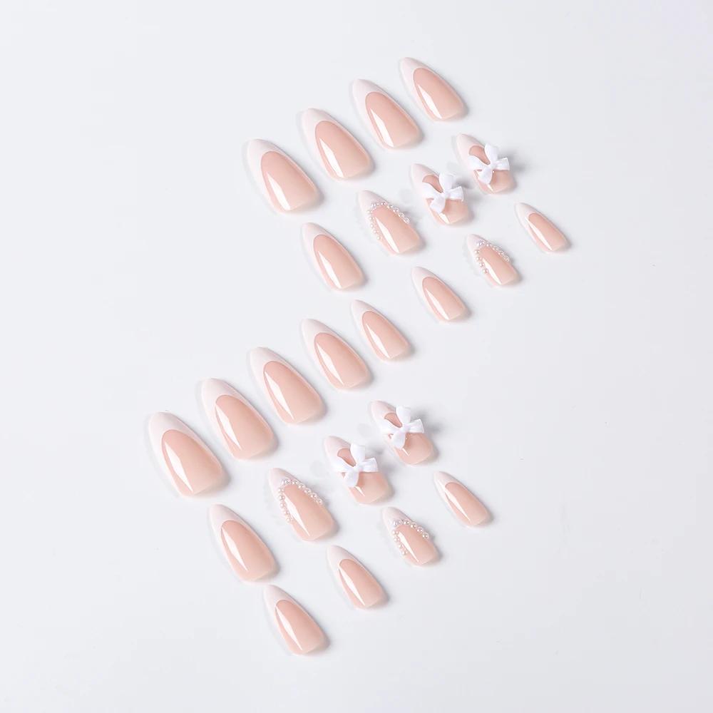 24 pièces (+ outils) perle arc nu rose presse sur ongles blanc français bout des doigts amande couve