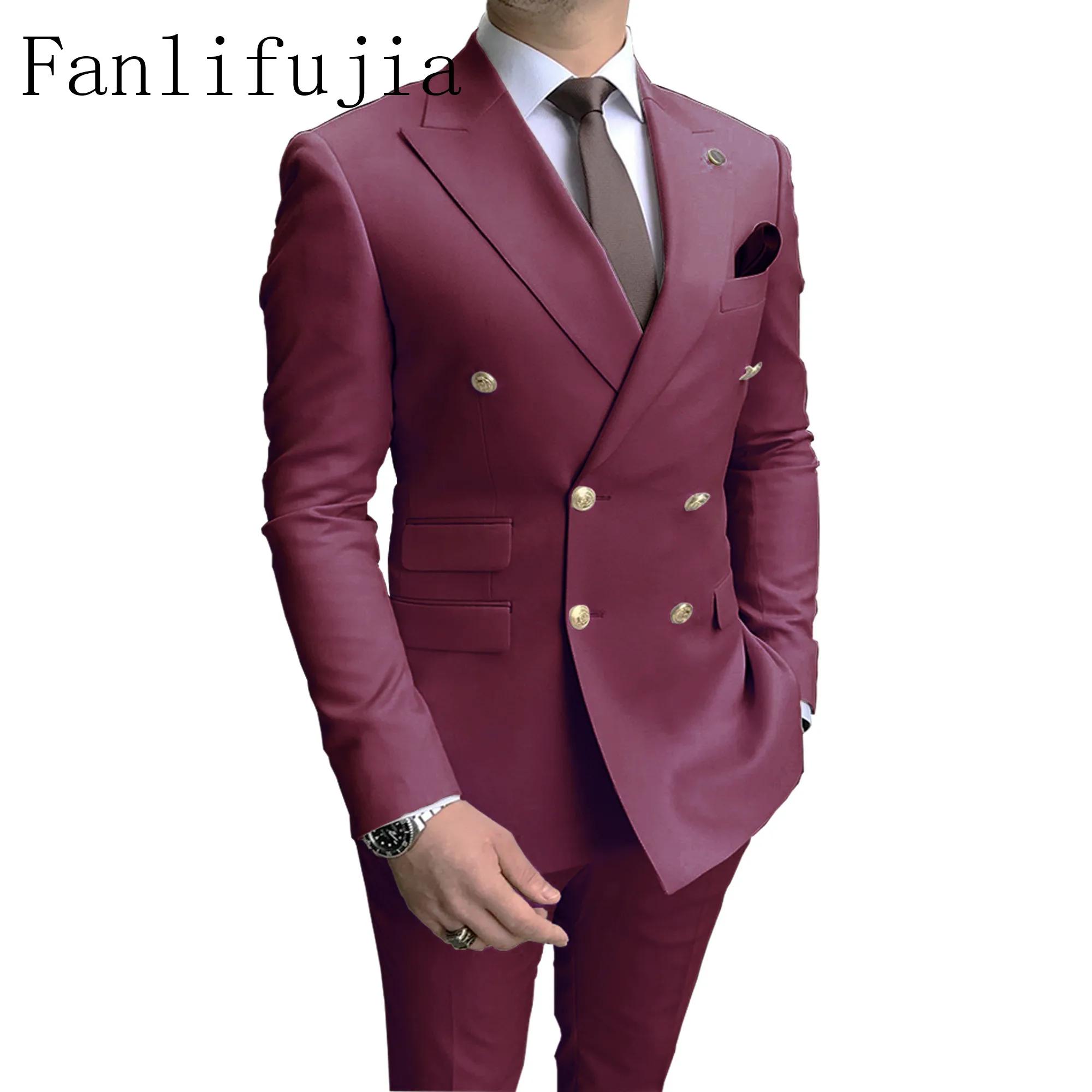 Fanlifujia-Costumes de fête à double boutonnage pour hommes, smokings 2 pièces, revers Patricia, bou