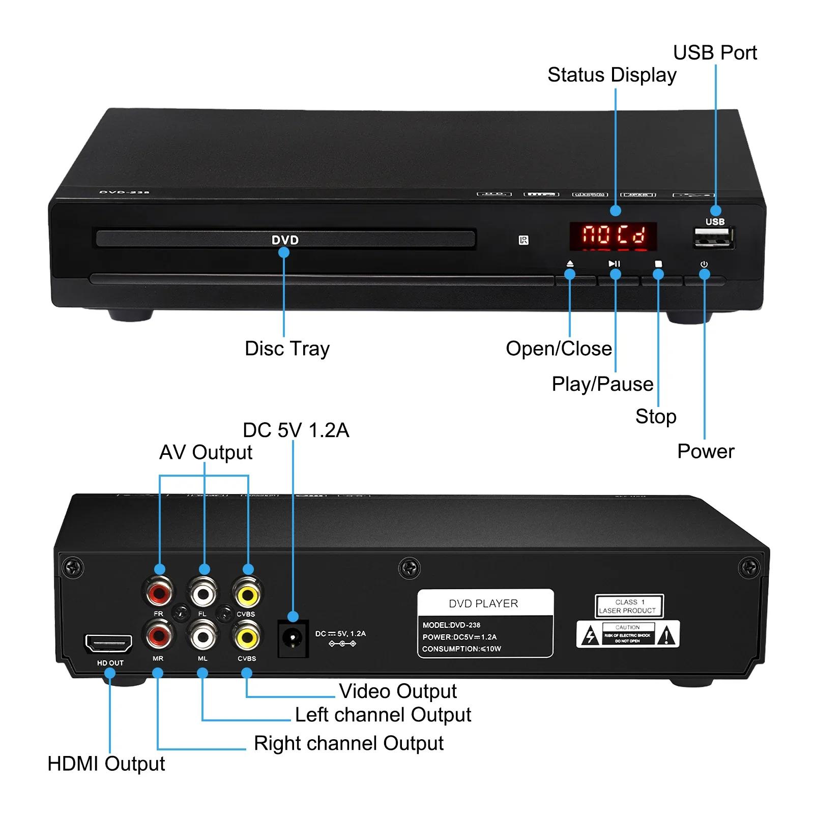 Lecteur DVD DVD 238 1080P HD lecteur DVD multimédia à domicile lecteur DVD boîte pour TV lecteurs CD