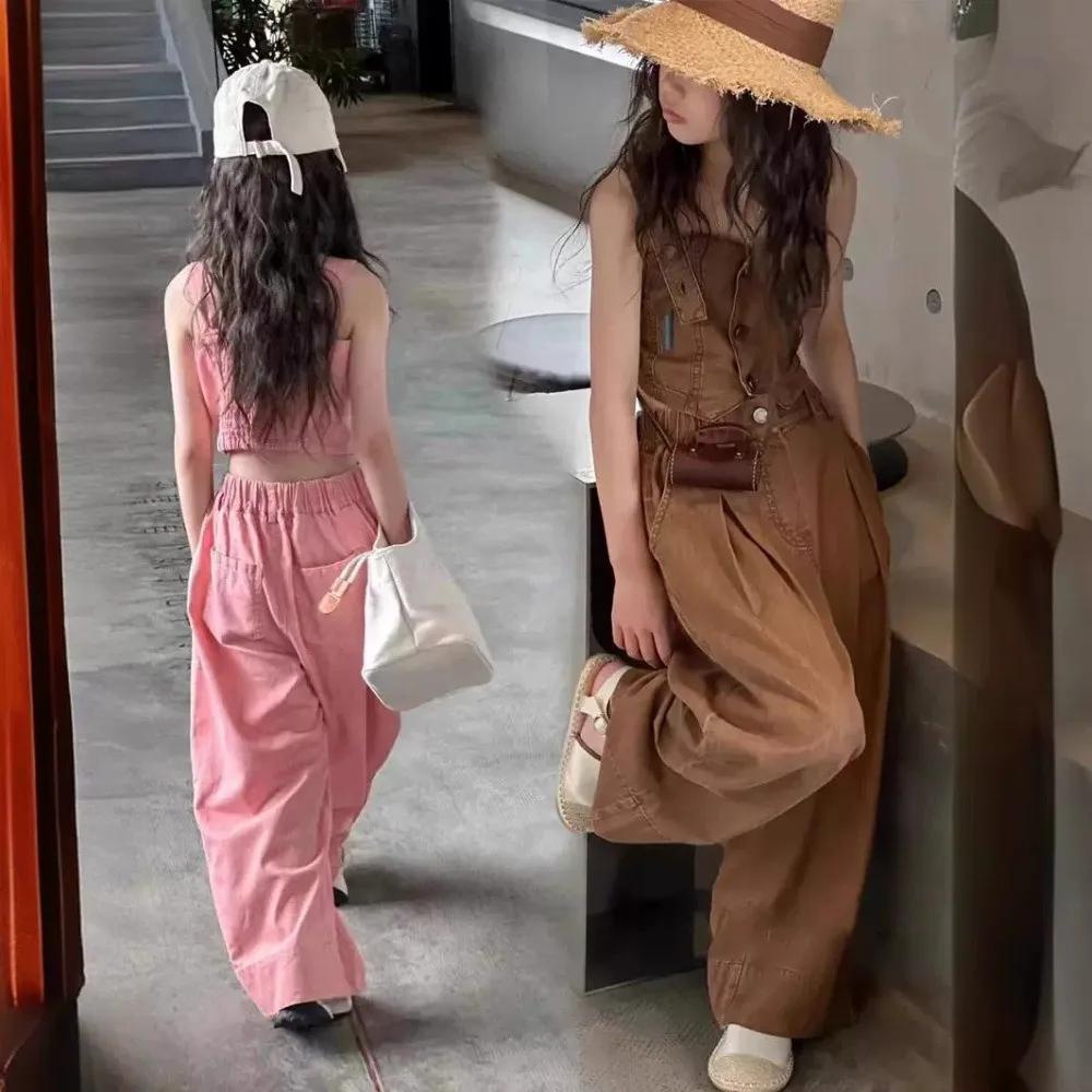 Costume d'été en Denim pour filles de 4 à 13 ans, couleur unie, bretelles + pantalon à jambes droite