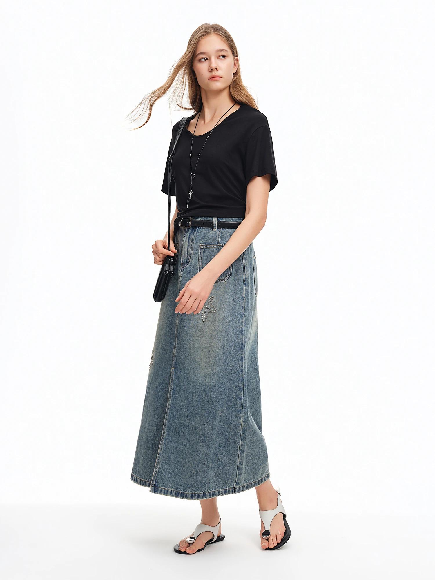 DUSHU 2026 Nouvelle Jupe Midi en Jean Brodé Étoile de Mer pour Femme, Jupe Longue Vintage Coupe Trap