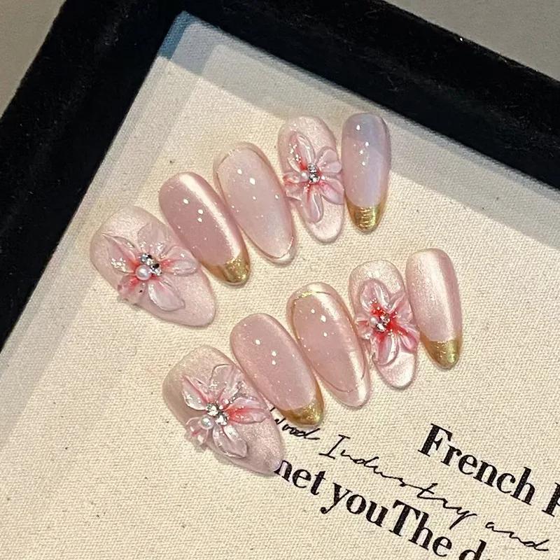 24 faux ongles à presser de longueur moyenne, forme amande, motif floral 3D ondulé, couverture compl